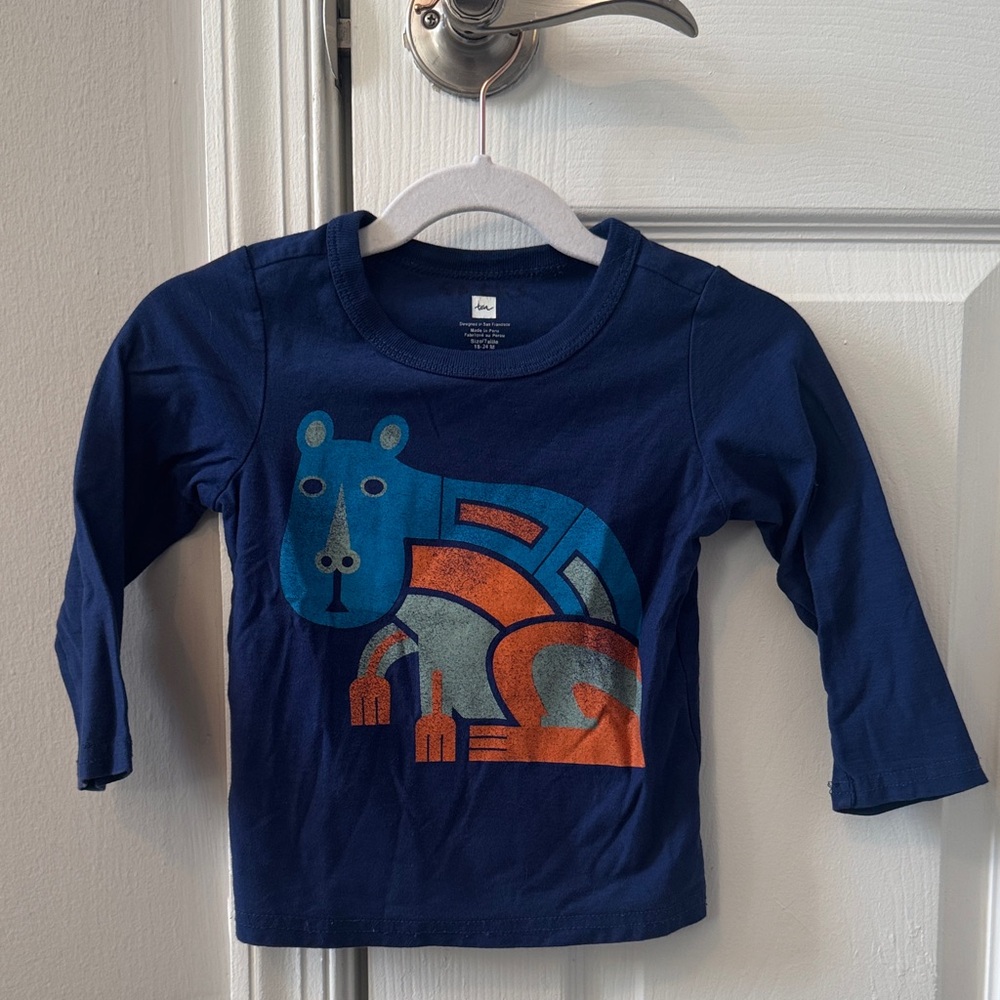 Tea Collection Navy Long Sleeve Tee with Blue and Orange Bear Graphic